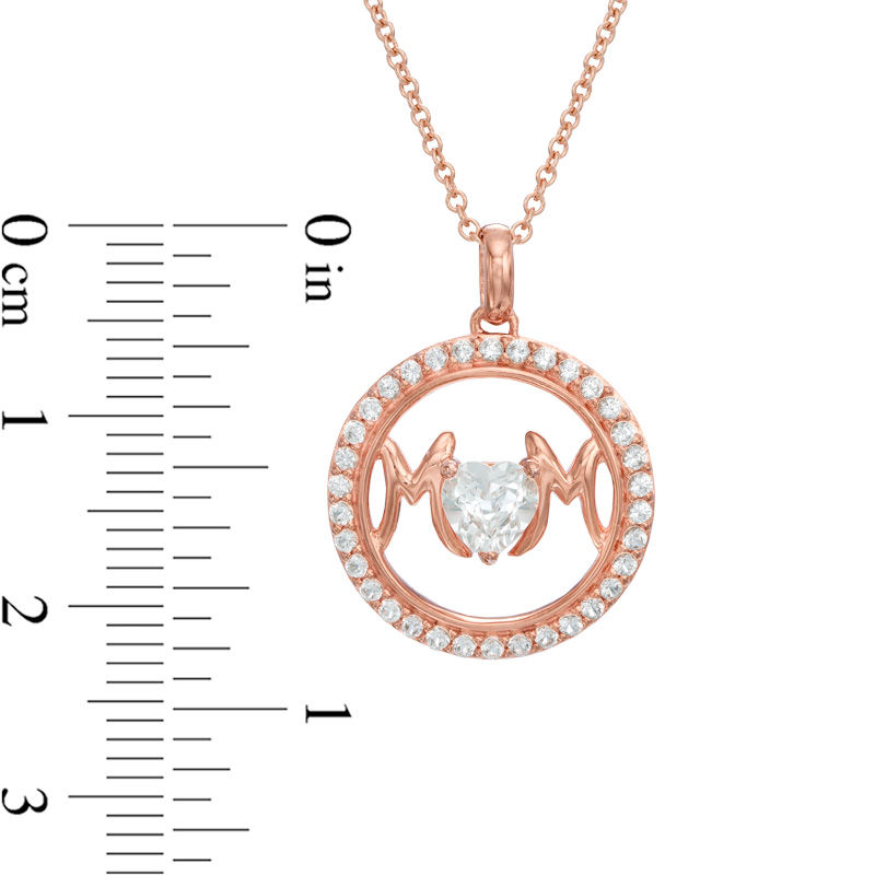 Main Image 2 of 5.0mm Heart-Shaped Lab-Created White Sapphire &quot;MOM&quot; Circle Pendant in Sterling Silver with 14K Rose Gold Plate