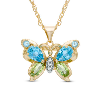 Blue Topaz, Peridot and Lab-Created White Sapphire Butterfly Pendant in Sterling Silver with 14K Gold Plate