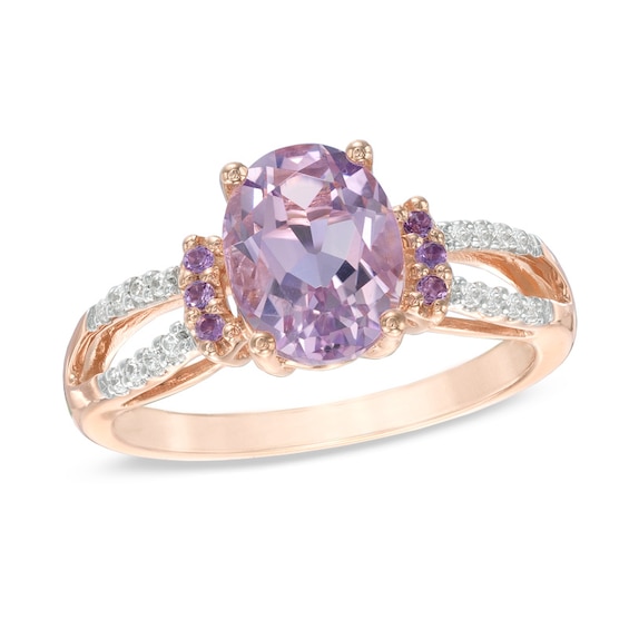 Oval Rose de France Amethyst and Lab-Created White Sapphire Ring in 10K Rose Gold