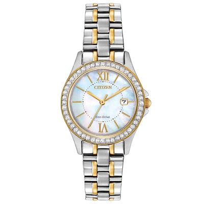 Ladies' Citizen Eco-Drive® Crystal Accent Two-Tone Watch with Mother-of-Pearl Dial (Model: EW1844-50D)