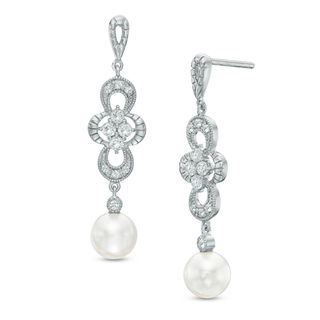 6.0-7.0mm Freshwater Cultured Pearl and Lab-Created White Sapphire Drop Earrings in Sterling Silver