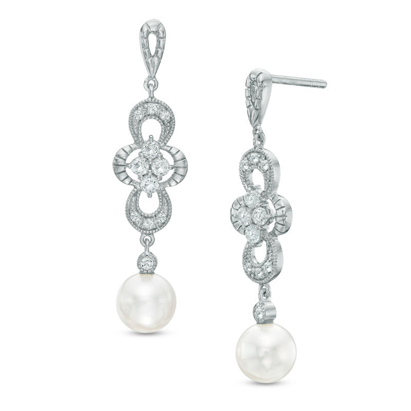 6.0-7.0mm Freshwater Cultured Pearl and Lab-Created White Sapphire Drop Earrings in Sterling Silver|Peoples Jewellers