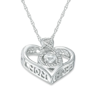 4.0mm Lab-Created White Sapphire and Diamond Accent Infinity Heart with "MOM" Pendant in Sterling Silver