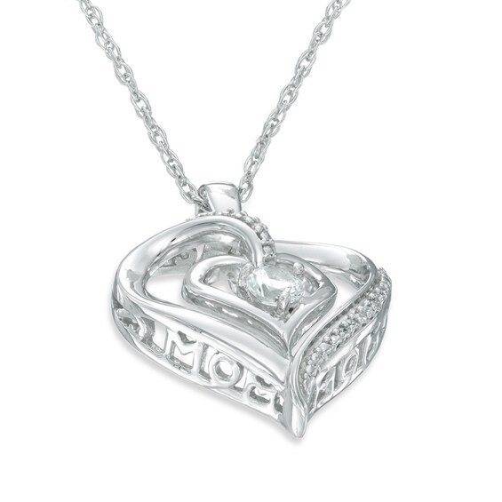 3.5mm White Lab-Created Sapphire and Diamond Accent Double Heart with "MOM" Pendant in Sterling Silver