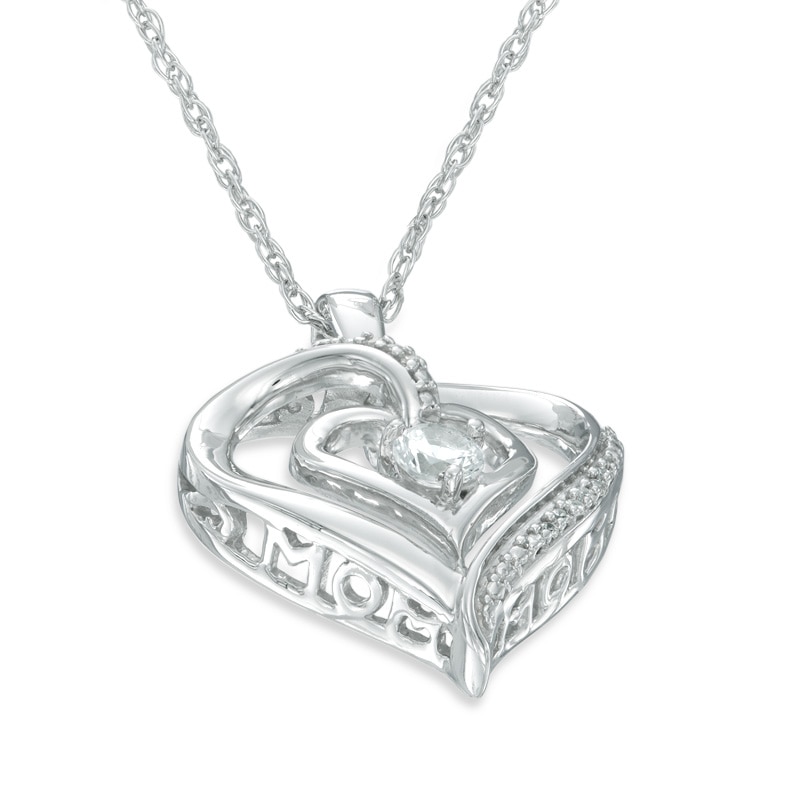 3.5mm White Lab-Created Sapphire and Diamond Accent Double Heart with "MOM" Pendant in Sterling Silver