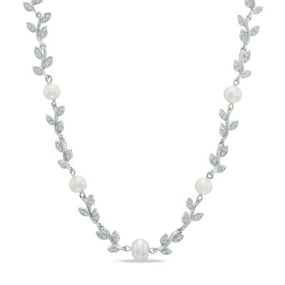 6.0-7.5mm Freshwater Cultured Pearl and Lab-Created White Sapphire Floral Necklace in Sterling Silver-18.5"