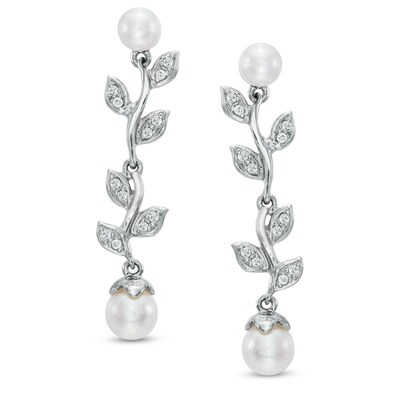 5.0-6.5mm Freshwater Cultured Pearl and Lab-Created White Sapphire Floral Drop Earrings in Sterling Silver