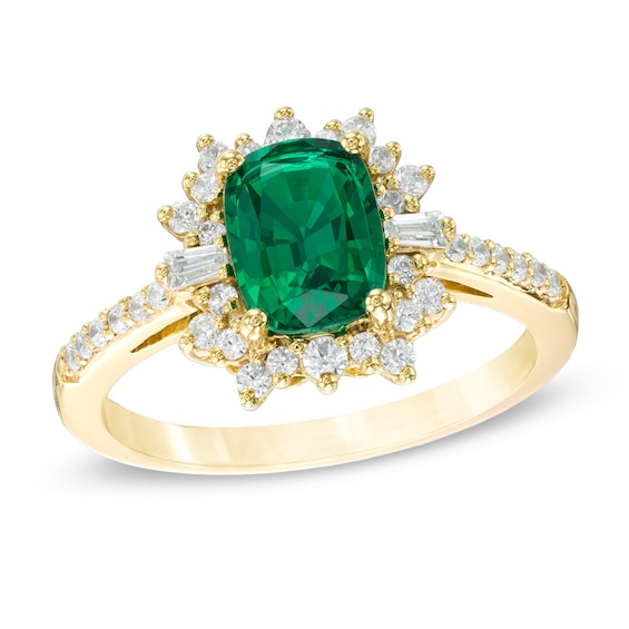 Cushion-Cut Lab-Created Emerald and White Sapphire Starburst Frame Ring ...
