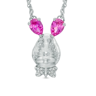 Pear-Shaped Lab-Created Pink Sapphire and Diamond Accent Bunny Rabbit Necklace in Sterling Silver