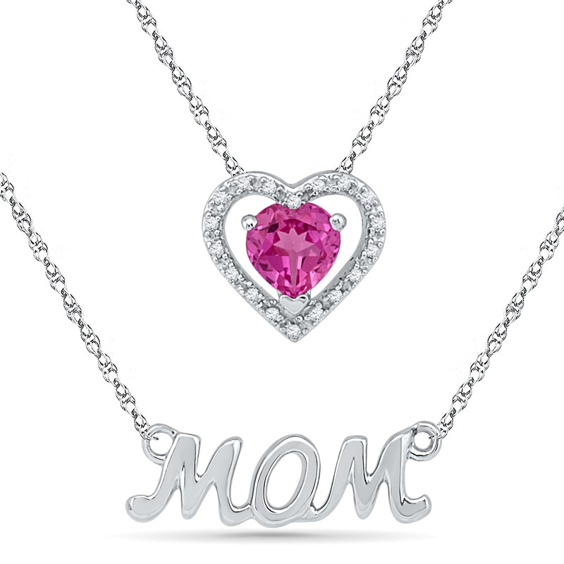 5.0mm Heart-Shaped Lab-Created Pink Sapphire and Diamond Accent "MOM" Double Strand Necklace in Sterling Silver