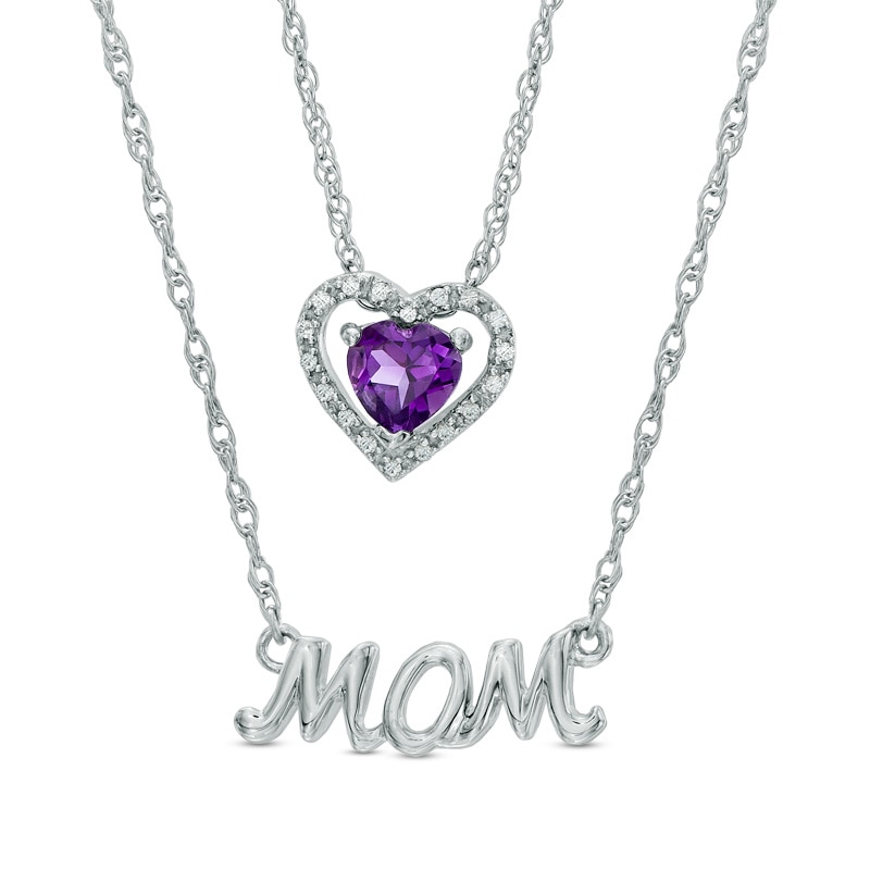 5.0mm Heart-Shaped Amethyst and Diamond Accent "MOM" Double Strand Necklace in Sterling Silver