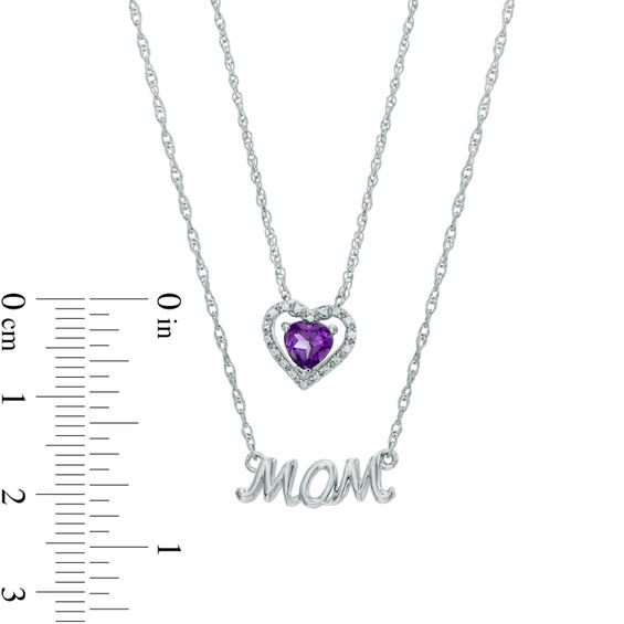 5.0mm Heart-Shaped Amethyst and Diamond Accent "MOM" Double Strand Necklace in Sterling Silver