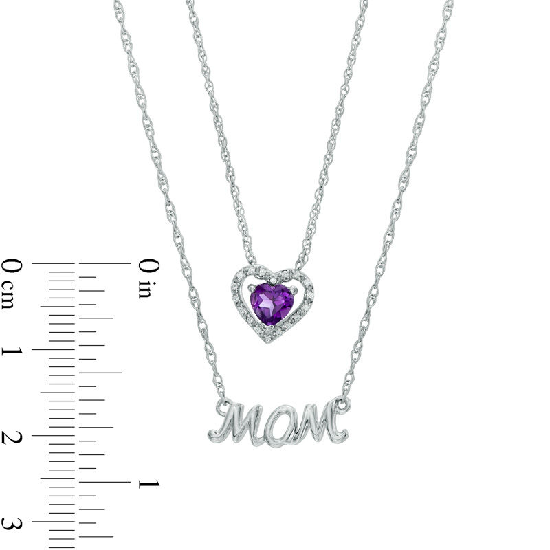 5.0mm Heart-Shaped Amethyst and Diamond Accent "MOM" Double Strand Necklace in Sterling Silver