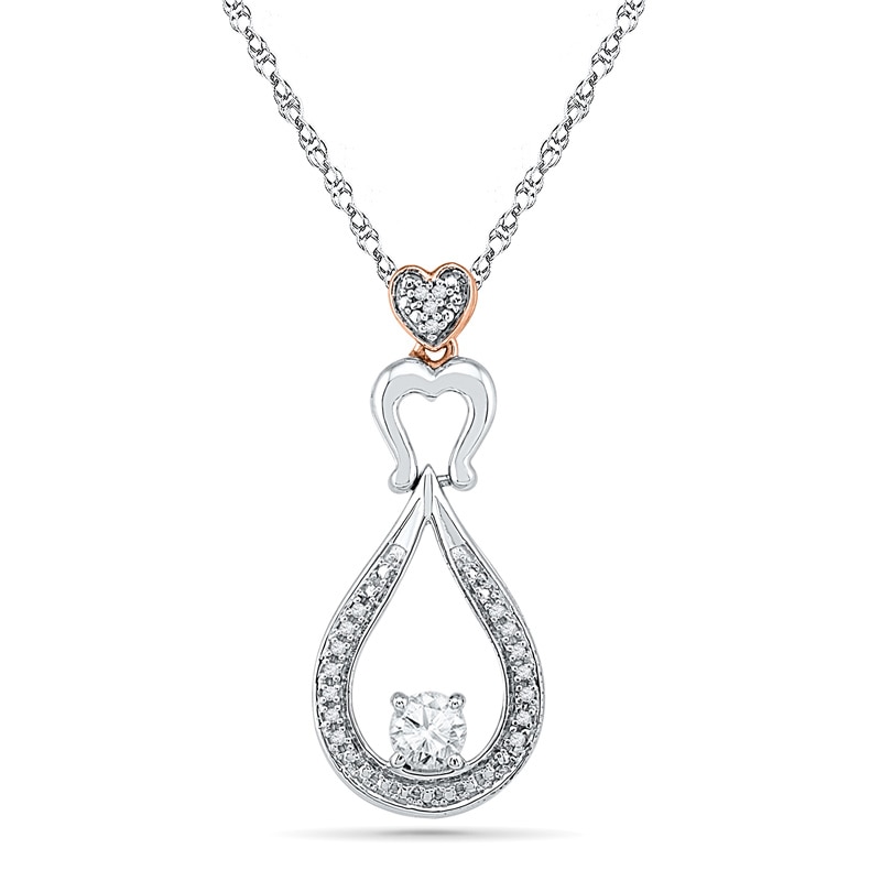 4.0mm Lab-Created White Sapphire and Diamond Accent Heart Pendant in Sterling Silver and 10K Rose Gold|Peoples Jewellers