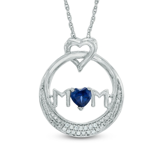 4.0mm Heart-Shaped Blue Lab-Created Sapphire and 0.06 CT. T.W. Diamond "MOM" Circle Pendant in Sterling Silver