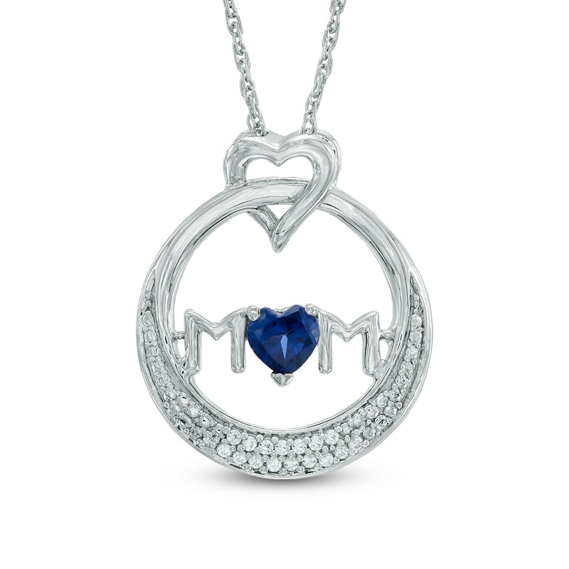 4.0mm Heart-Shaped Blue Lab-Created Sapphire and 0.06 CT. T.W. Diamond "MOM" Circle Pendant in Sterling Silver|Peoples Jewellers