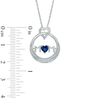 4.0mm Heart-Shaped Blue Lab-Created Sapphire and 0.06 CT. T.W. Diamond "MOM" Circle Pendant in Sterling Silver