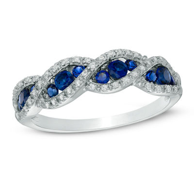 Lab-Created Blue and White Sapphire Cascading Trios Ring in Sterling Silver