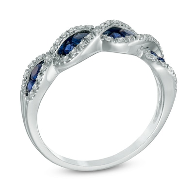 Lab-Created Blue and White Sapphire Cascading Trios Ring in Sterling Silver