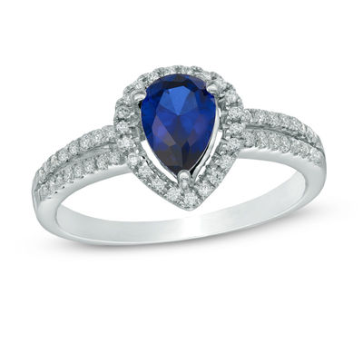 Pear-Shaped Lab-Created Blue and White Sapphire Frame Ring in 10K White Gold