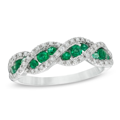 Lab-Created Emerald and White Sapphire Cascading Trios Ring in Sterling Silver