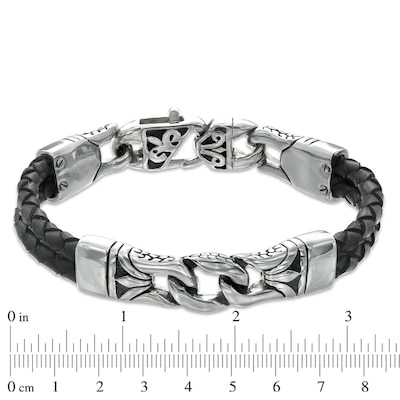 13.0mm Men's Black Leather and Stainless Steel Spartan Link Bracelet - 8.5"