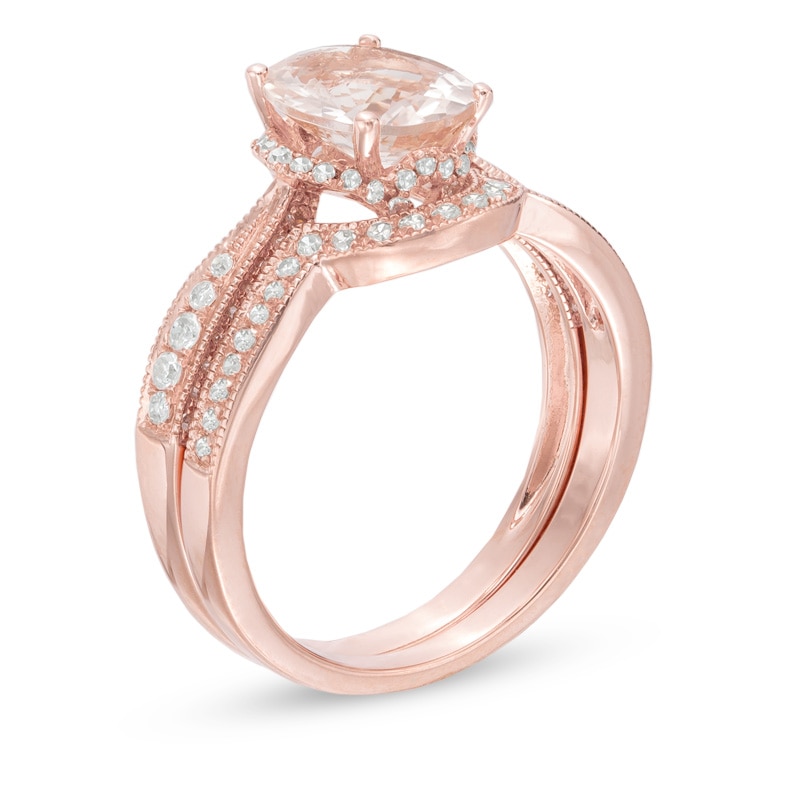 Your Stone Your Story™ Oval Morganite and 0.39 CT. T.W. Diamond Vintage-Style Bridal Set in 14K Rose Gold