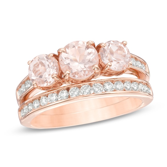 Morganite and 0.46 CT. T.W. Diamond Three Stone Bridal Set in 14K Rose Gold