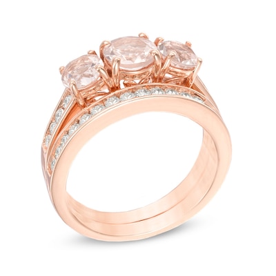 Morganite and 0.46 CT. T.W. Diamond Three Stone Bridal Set in 14K Rose Gold