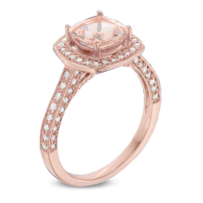 Main Image 2 of Your Stone Your Story™ 7.0mm Cushion-Cut Morganite and 0.27 CT. T.W. Diamond Frame Ring in 14K Rose Gold