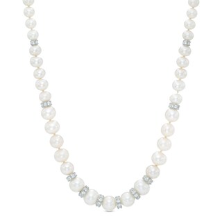 3.0-8.0mm Freshwater Cultured Pearl and Lab-Created White Sapphire Graduating Strand Necklace in Sterling Silver