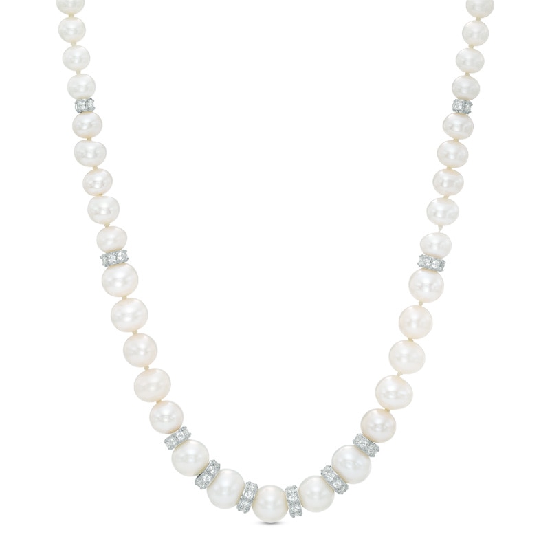 3.0-8.0mm Freshwater Cultured Pearl and Lab-Created White Sapphire Graduating Strand Necklace in Sterling Silver|Peoples Jewellers