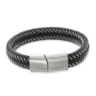 Men's 12.0mm Black Braided Leather and Stainless Steel Bracelet - 8.5"