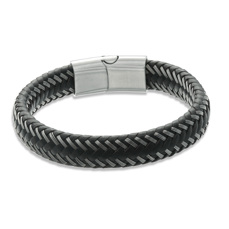Men's 12.0mm Black Braided Leather and Stainless Steel Bracelet - 8.5"