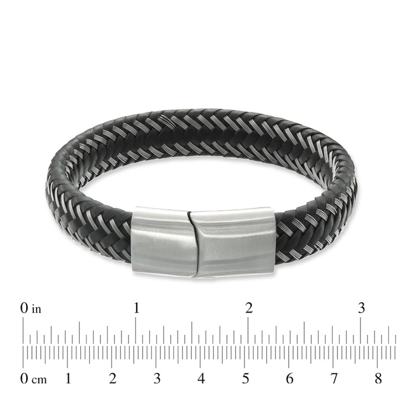 Men's 12.0mm Black Braided Leather and Stainless Steel Bracelet - 8.5"