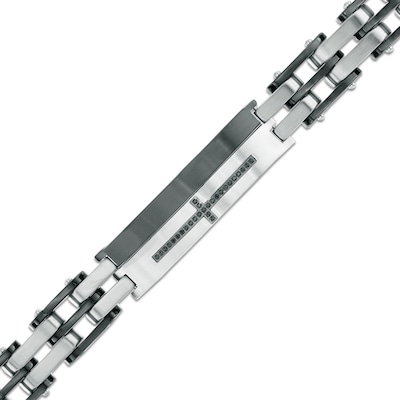 Men's 0.13 CT. T.W. Black Diamond Cross ID Bracelet in Two-Tone Stainless Steel - 8.5"