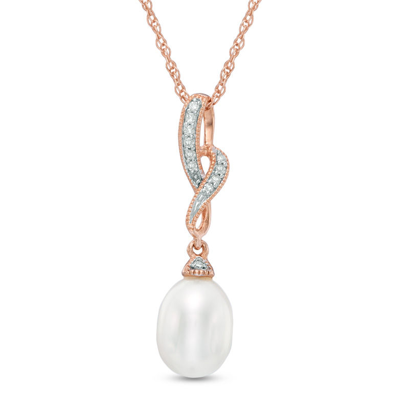 7.5-8.0mm Freshwater Cultured Pearl and Diamond Accent Twist Pendant in Sterling Silver with 14K Rose Gold Plate|Peoples Jewellers