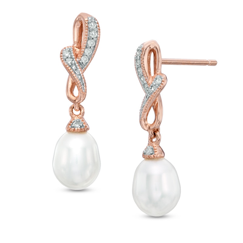 6.5-7.0mm Freshwater Cultured Pearl and Diamond Accent Twist Drop Earrings in Sterling Silver with 14K Rose Gold Plate|Peoples Jewellers