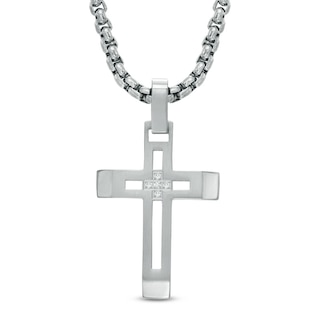 Men's Diamond Accent Cross Pendant in Stainless Steel - 24"