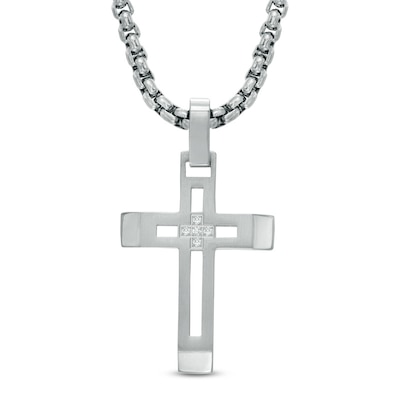 Men's Diamond Accent Cross Pendant in Stainless Steel - 24"