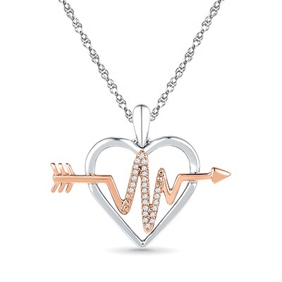 Diamond Accent Heartbeat in Heart Pendant in Sterling Silver and 10K Rose Gold