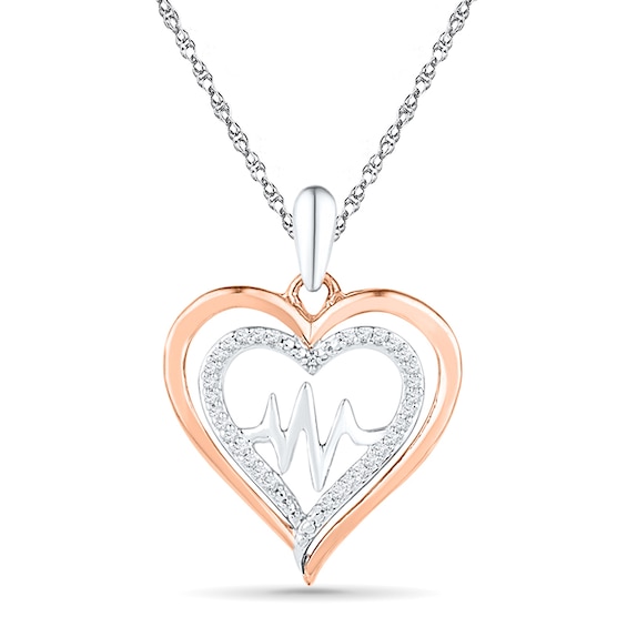 0.13 CT. T.W. Diamond Double Heart with Heartbeat Pendant in Sterling Silver and 10K Rose Gold