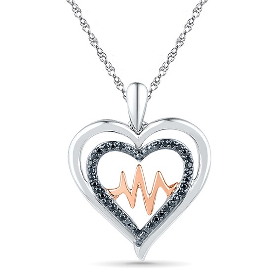 0.13 CT. T.W. Black Diamond Double Heart with Heartbeat Pendant in Sterling Silver and 10K Rose Gold