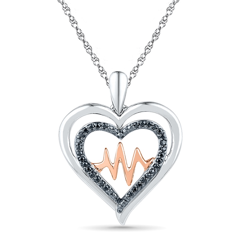 Main Image 1 of 0.13 CT. T.W. Black Diamond Double Heart with Heartbeat Pendant in Sterling Silver and 10K Rose Gold