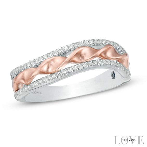 Vera Wang Love Collection 0.13 CT. T.W. Diamond Ribbon Band in Sterling Silver and 14K Rose Gold