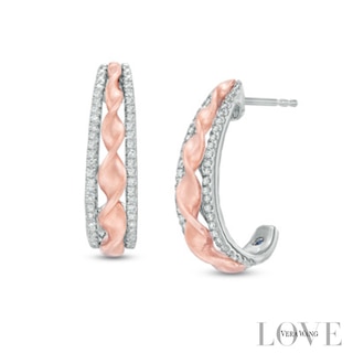 Vera Wang Love Collection 0.23 CT. T.W. Diamond J-Hoop Earrings in Sterling Silver and 14K Rose Gold