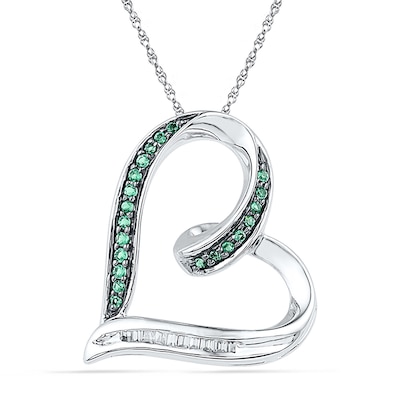 0.16 CT. T.W. Enhanced Green and White Diamond Tilted Ribbon Heart Pendant in Sterling Silver