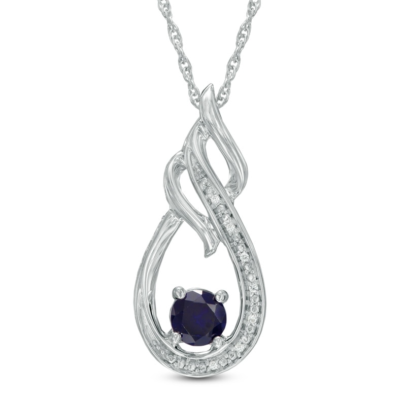 5.0mm Lab-Created Blue Sapphire and Diamond Accent Flame Pendant in ...