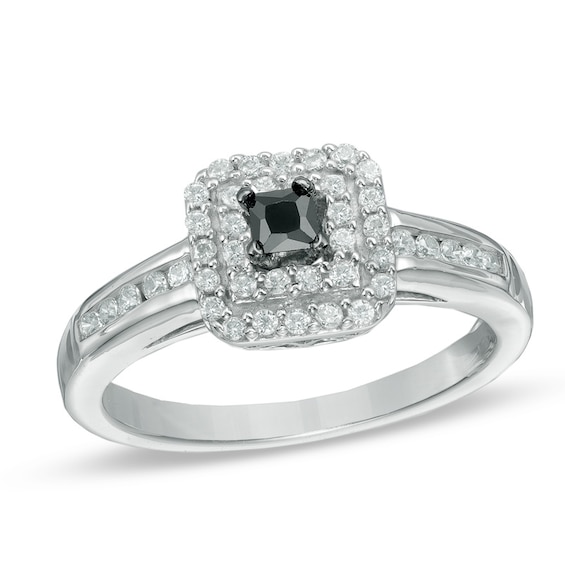 0.50 CT. T.W. Enhanced Black and White Diamond Double Square Frame Engagement Ring in Sterling Silver