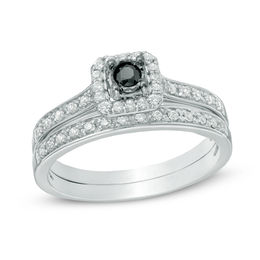 0.33 CT. T.W. Enhanced Black and White Diamond Square Frame Bridal Set in Sterling Silver